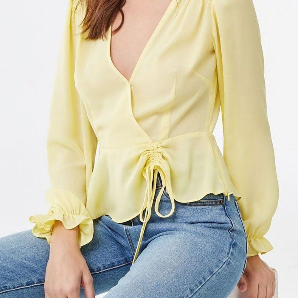 Forever 21 Size Small Canary Yellow Long sleeve Sheer blouse Smocked Ruched Top